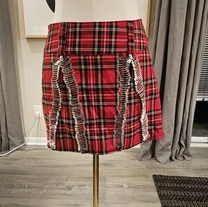 Tripp NYC Red Plaid Mini Skirt with Safety Pin Accents S